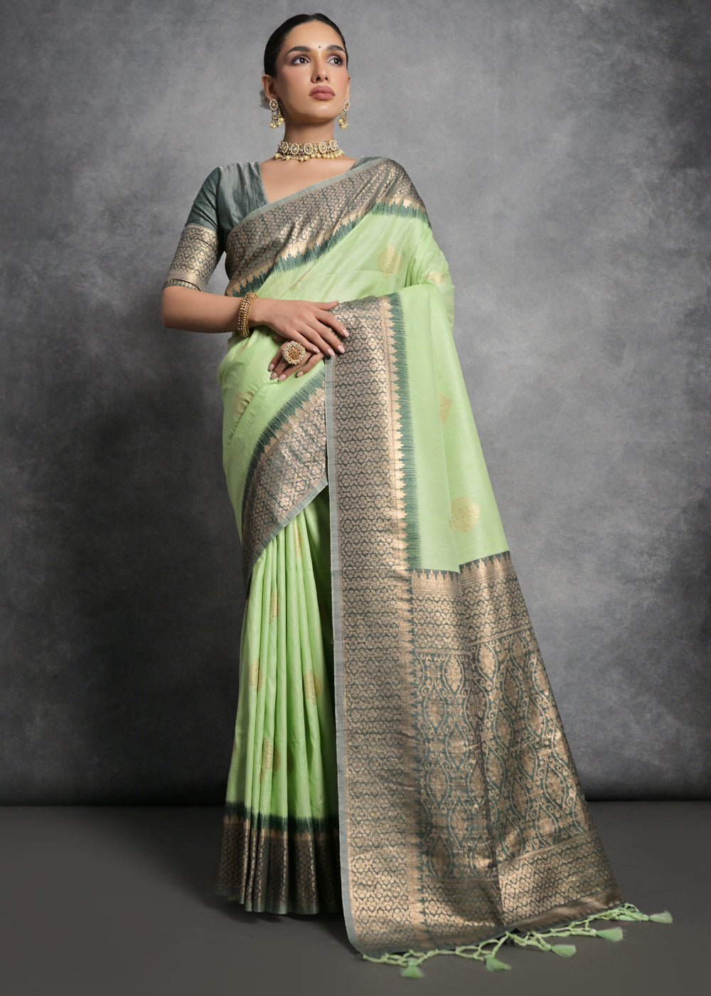 Pastel Green Tussar Silk Saree with Zari Woven Contrast Border