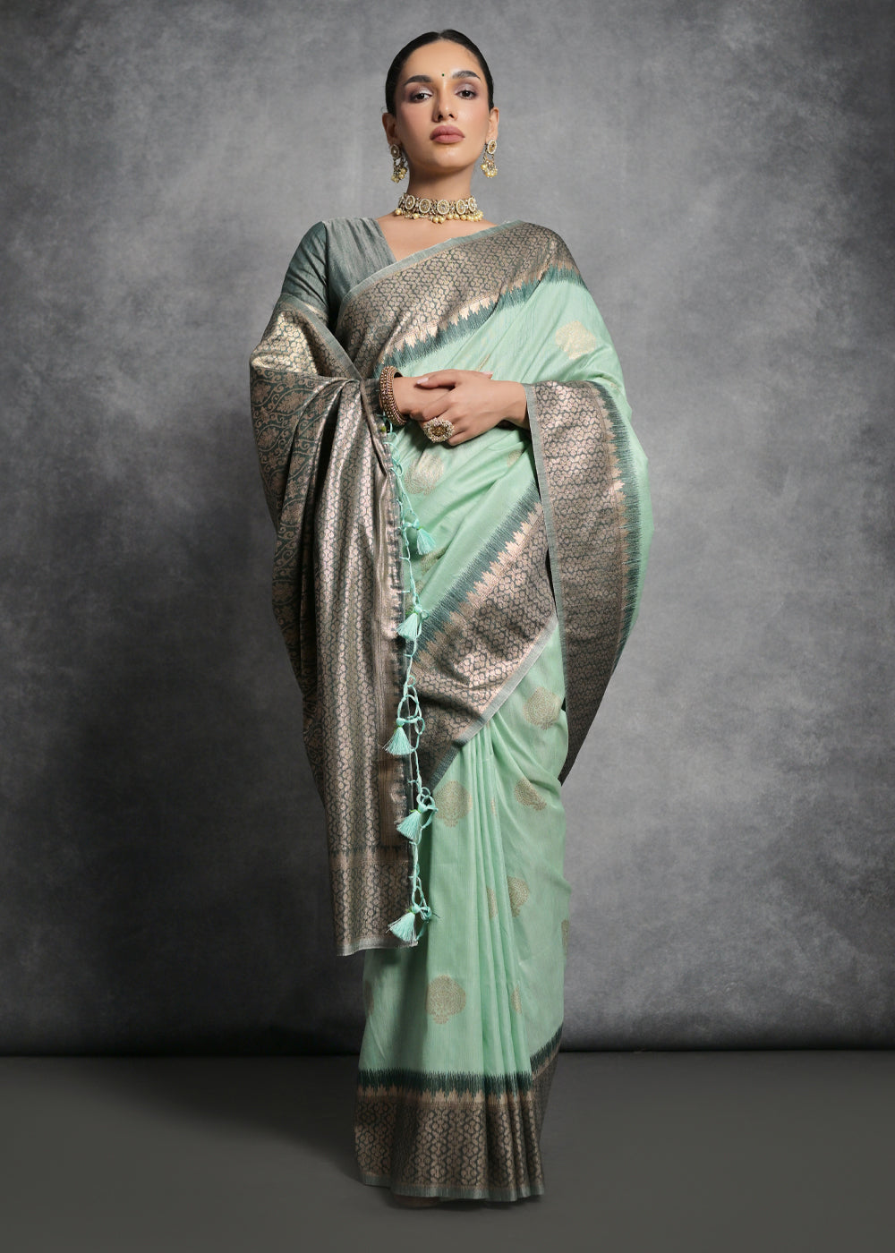 Sea Green Tussar Silk Saree with Zari Woven Contrast Border