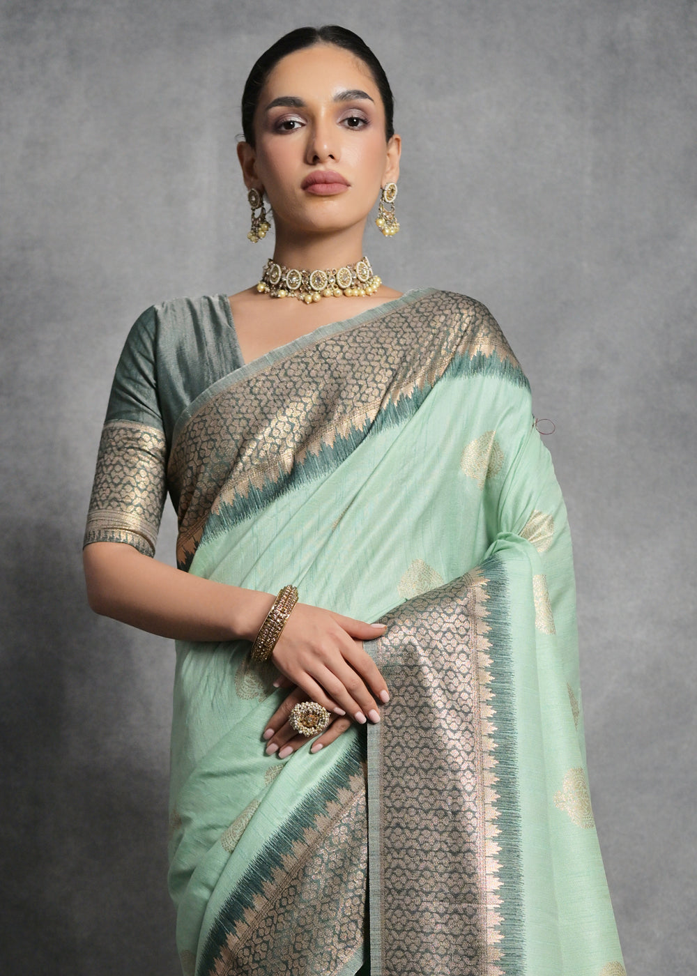 Sea Green Tussar Silk Saree with Zari Woven Contrast Border