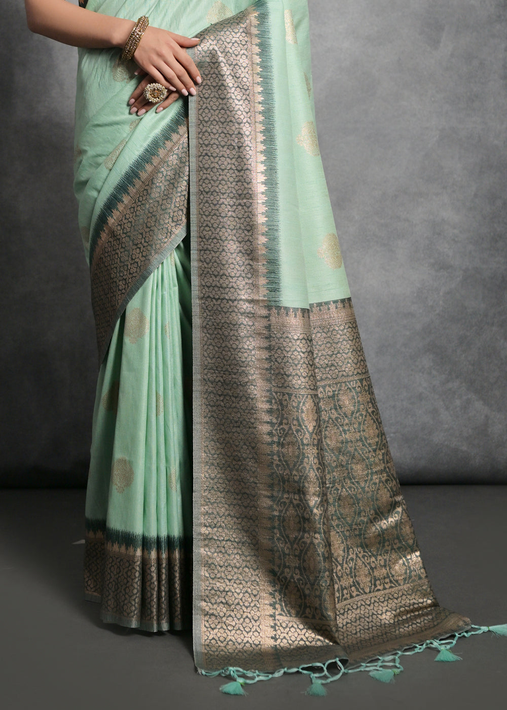 Sea Green Tussar Silk Saree with Zari Woven Contrast Border