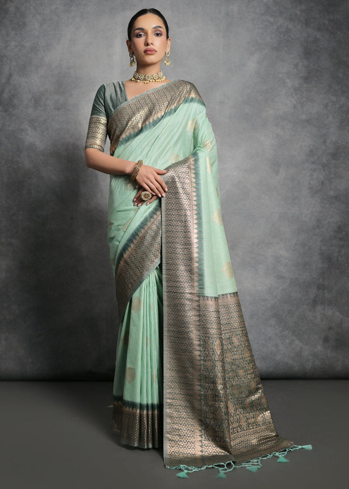 Sea Green Tussar Silk Saree with Zari Woven Contrast Border