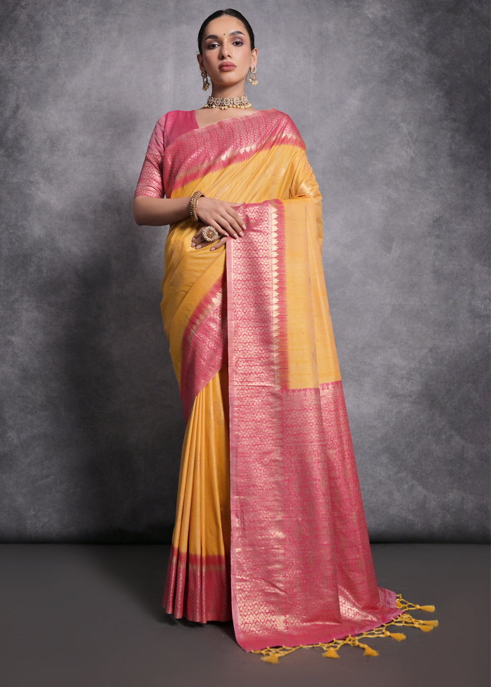 Saffron Yellow Tussar Silk Saree with Zari Woven Contrast Border