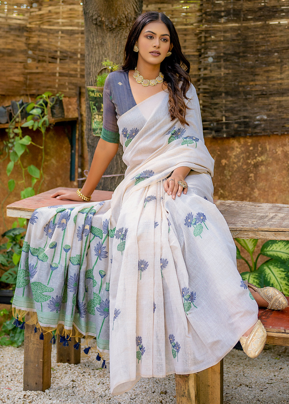 White & Blue Muga Cotton Saree with Woven Pallu & All Over Butti work