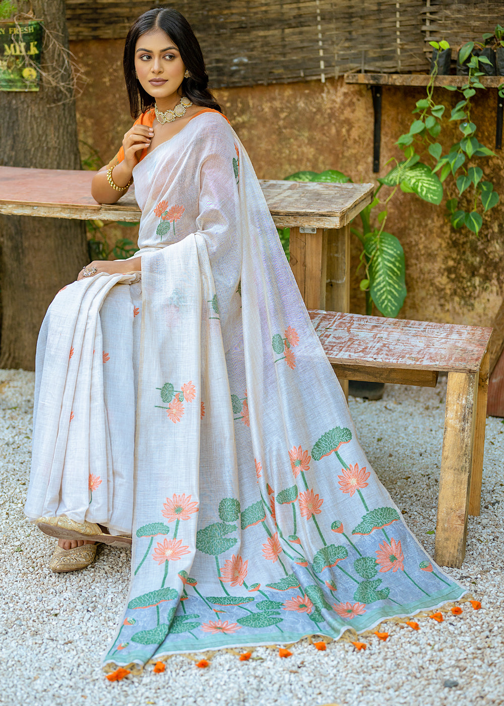 White & Orange Muga Cotton Saree with Woven Pallu & All Over Butti work