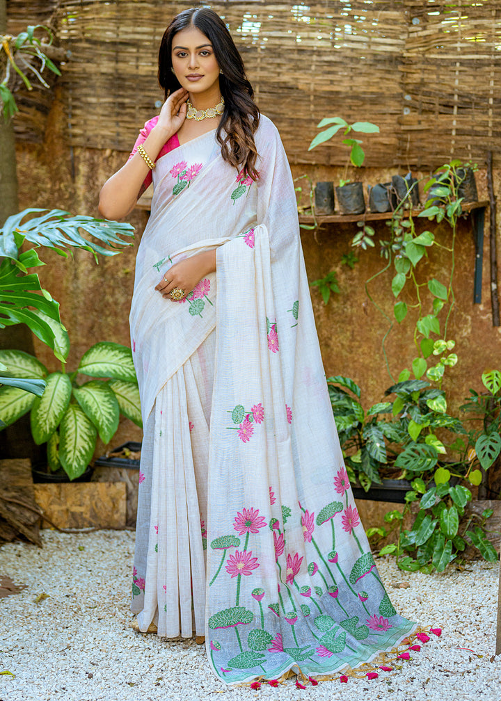 White & Pink Muga Cotton Saree with Woven Pallu & All Over Butti work