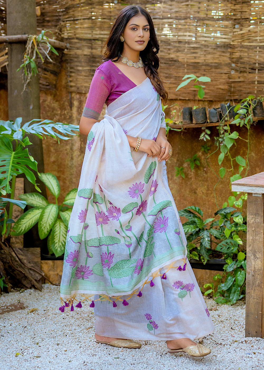 White & Purple Muga Cotton Saree with Woven Pallu & All Over Butti work