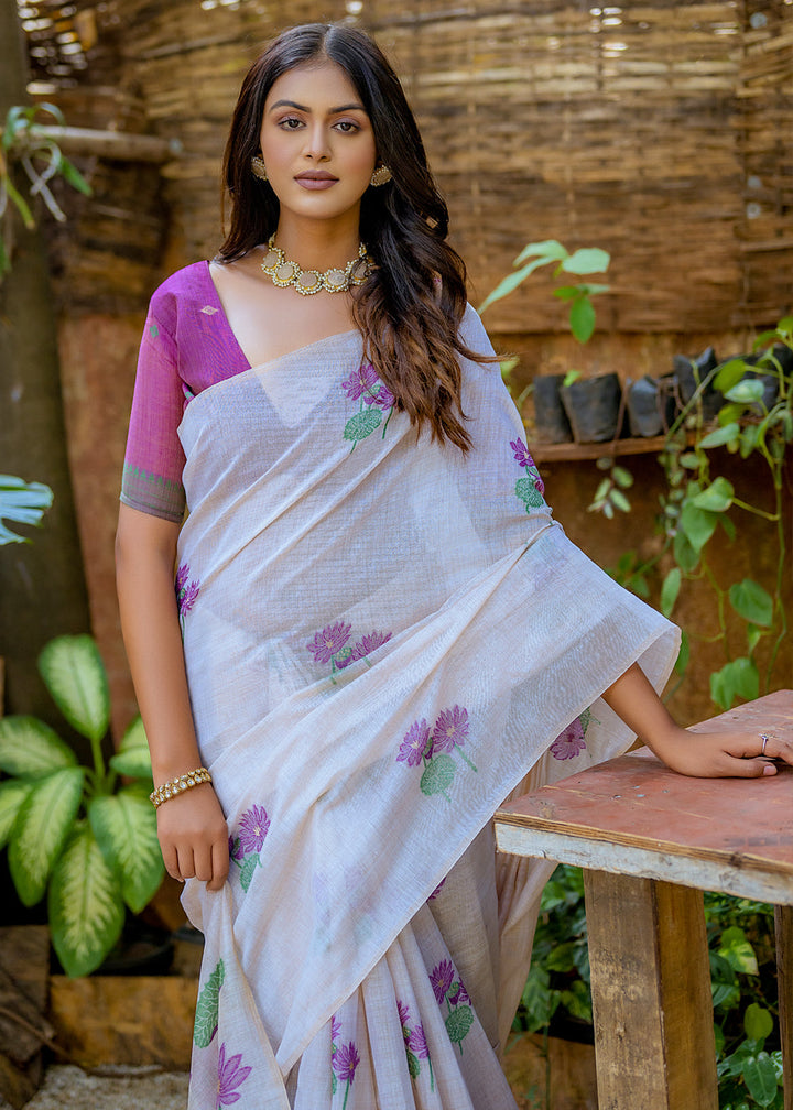 White & Purple Muga Cotton Saree with Woven Pallu & All Over Butti work