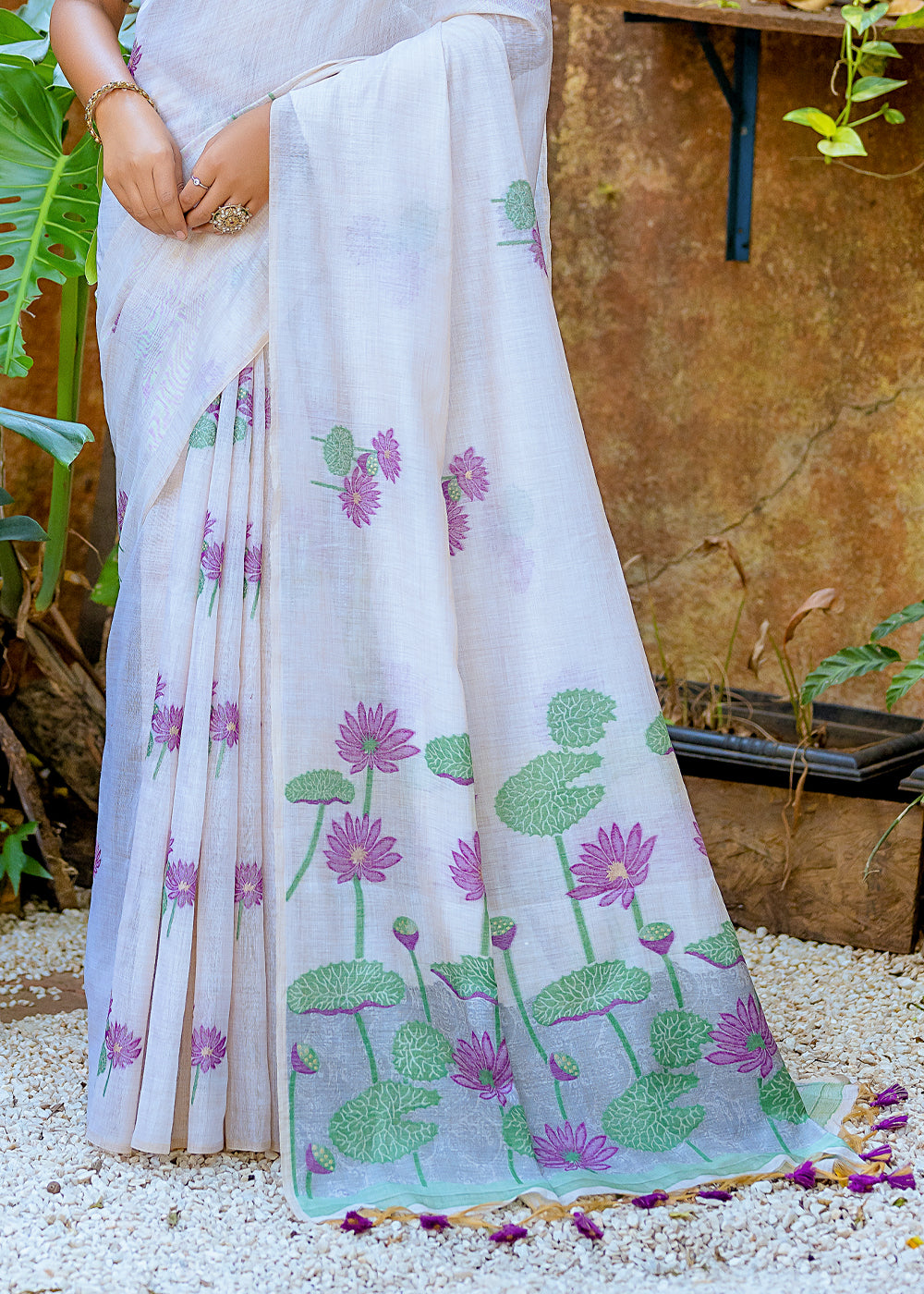 White & Purple Muga Cotton Saree with Woven Pallu & All Over Butti work