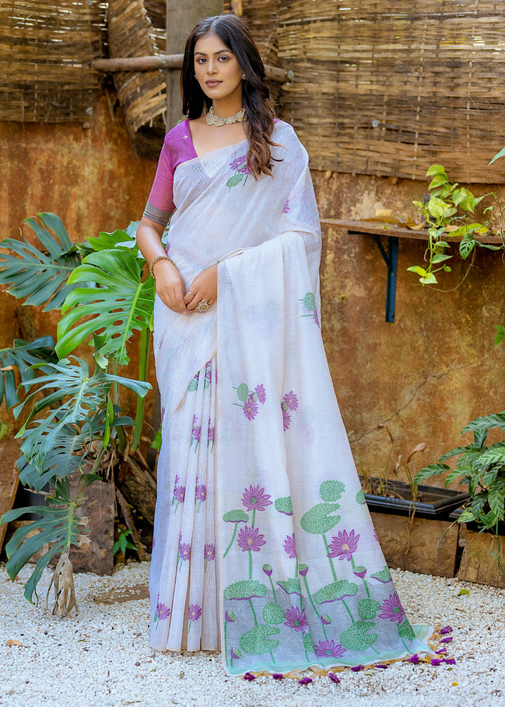 White & Purple Muga Cotton Saree with Woven Pallu & All Over Butti work