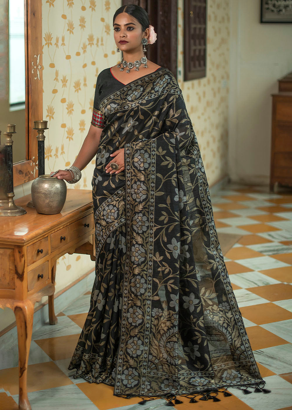 Ebony Black Zari Woven Floral Tussar Silk Saree