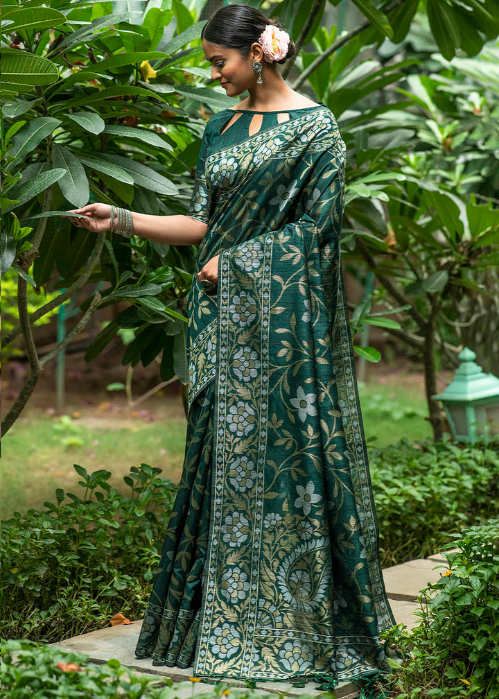 Sacramento Green Zari Woven Floral Tussar Silk Saree