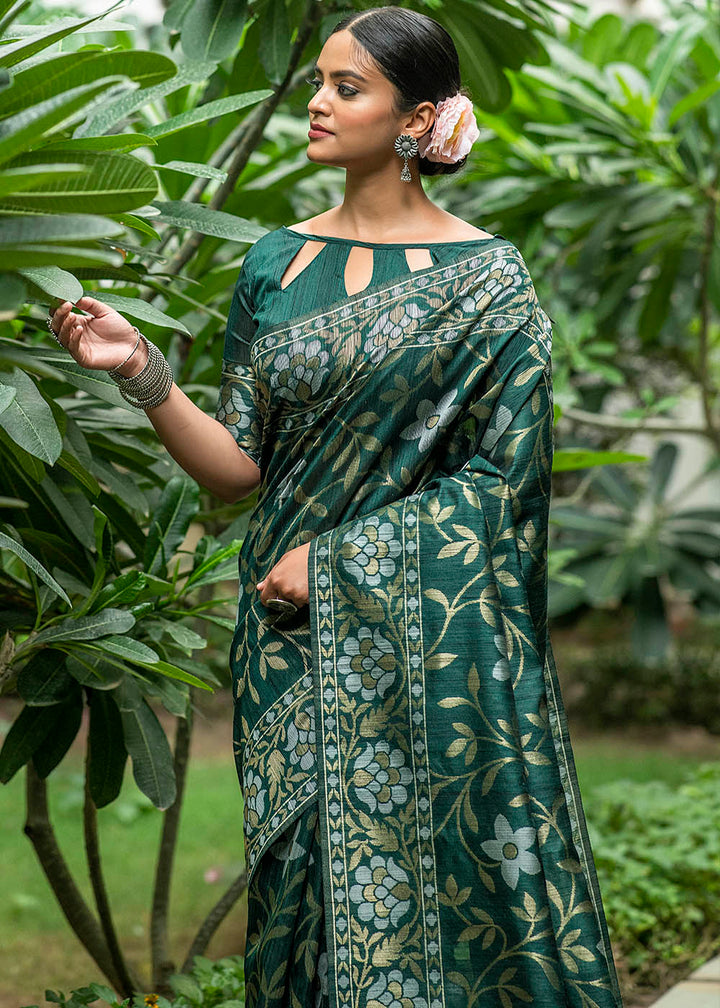 Sacramento Green Zari Woven Floral Tussar Silk Saree