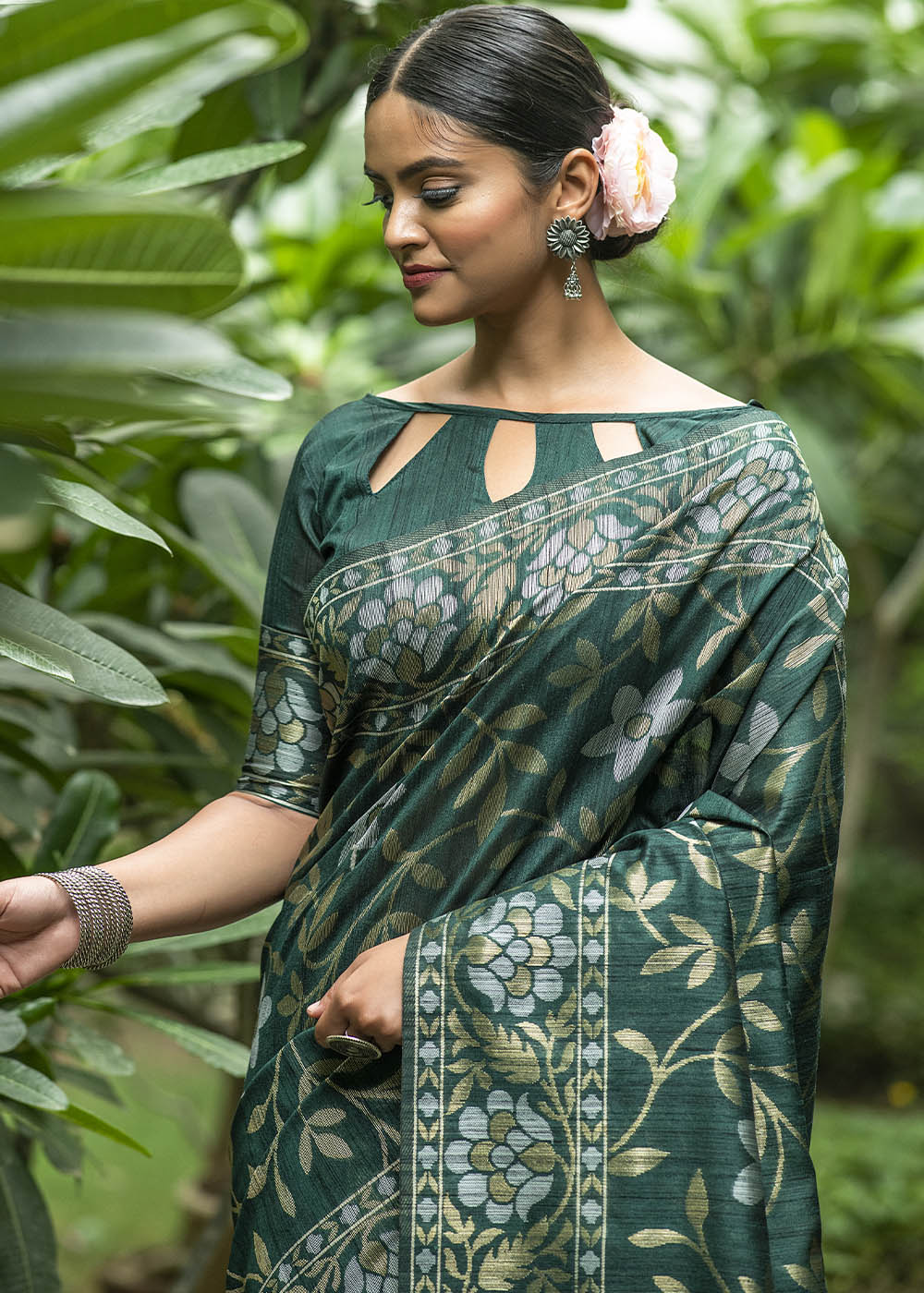 Sacramento Green Zari Woven Floral Tussar Silk Saree