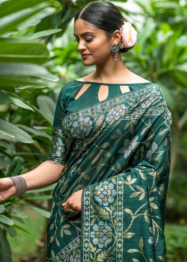 Sacramento Green Zari Woven Floral Tussar Silk Saree