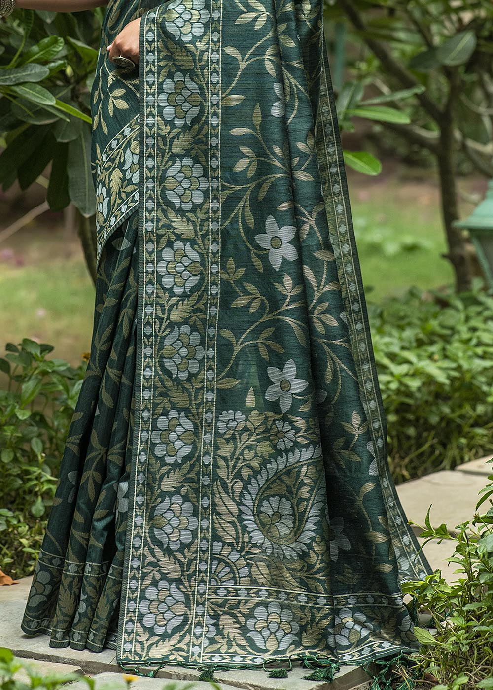 Sacramento Green Zari Woven Floral Tussar Silk Saree