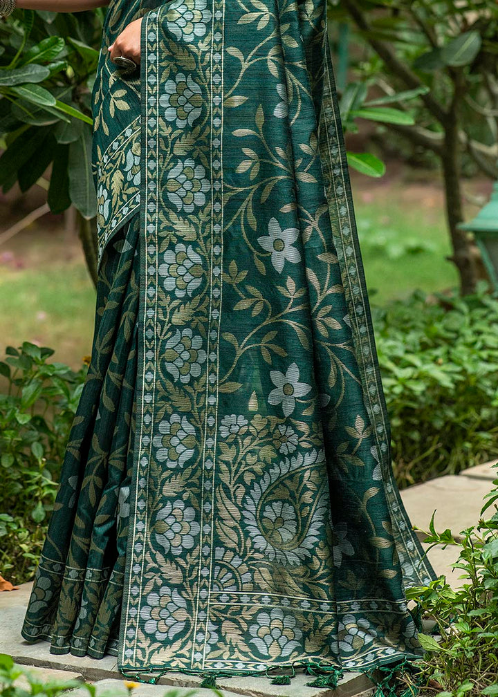 Sacramento Green Zari Woven Floral Tussar Silk Saree