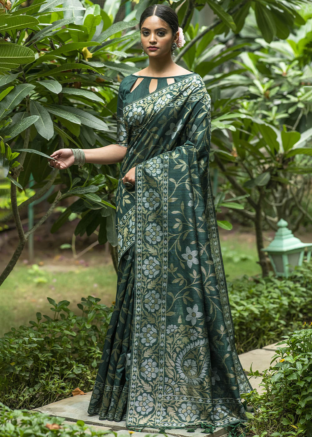 Sacramento Green Zari Woven Floral Tussar Silk Saree