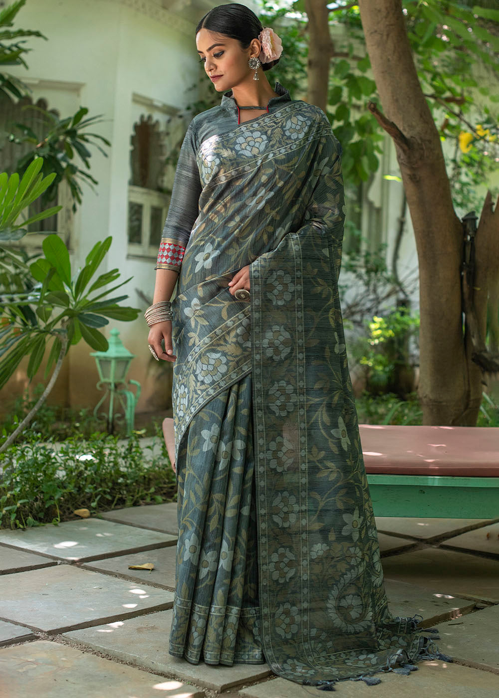 Iron Grey Zari Woven Floral Tussar Silk Saree