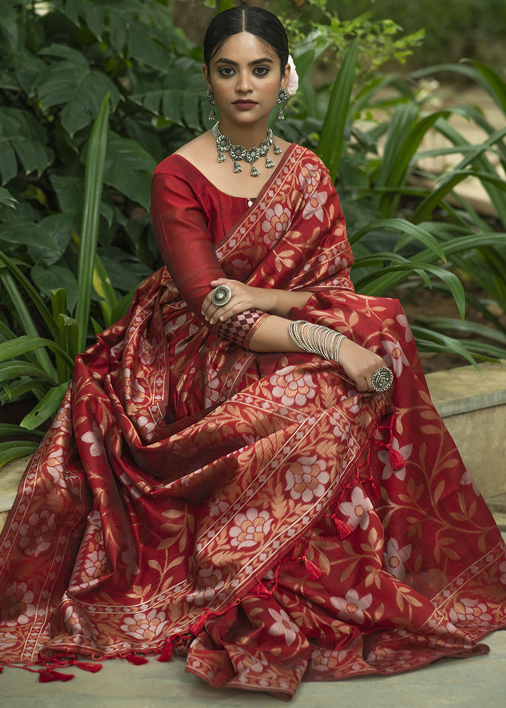 Crimson Red Zari Woven Floral Tussar Silk Saree