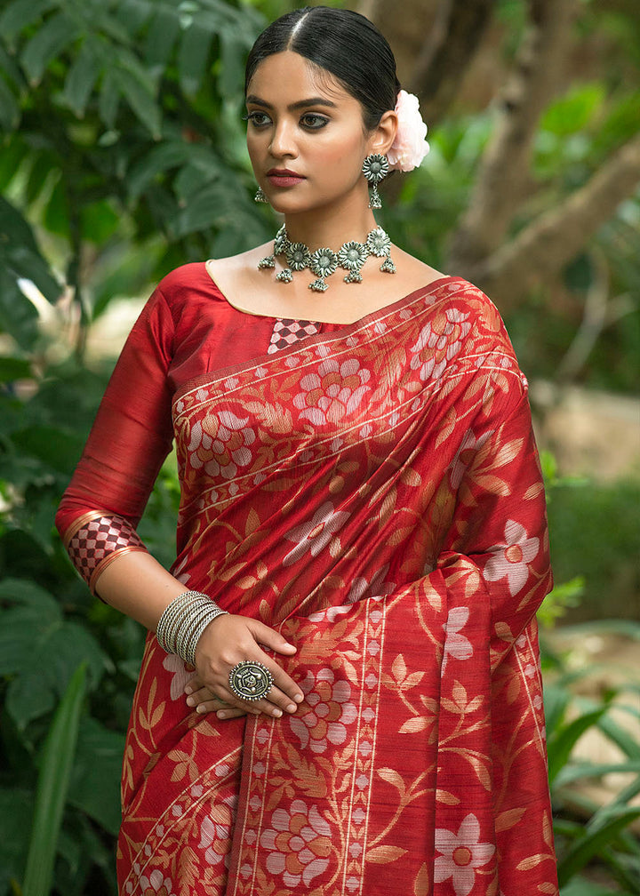 Crimson Red Zari Woven Floral Tussar Silk Saree