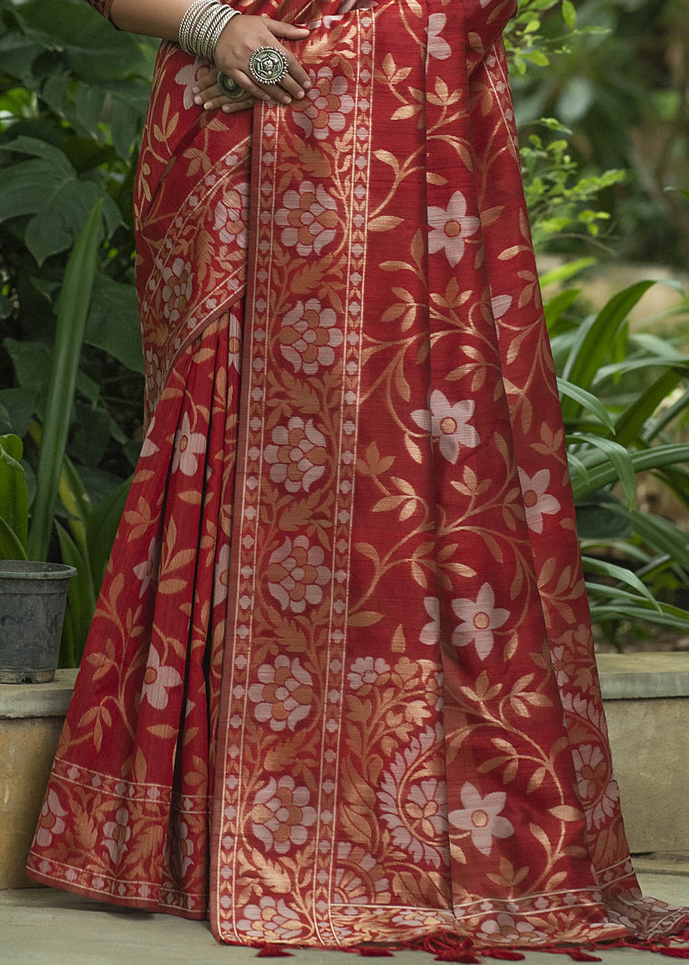 Crimson Red Zari Woven Floral Tussar Silk Saree