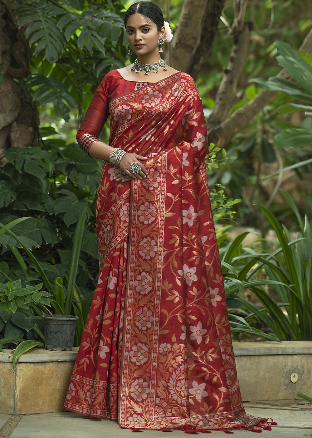 Crimson Red Zari Woven Floral Tussar Silk Saree