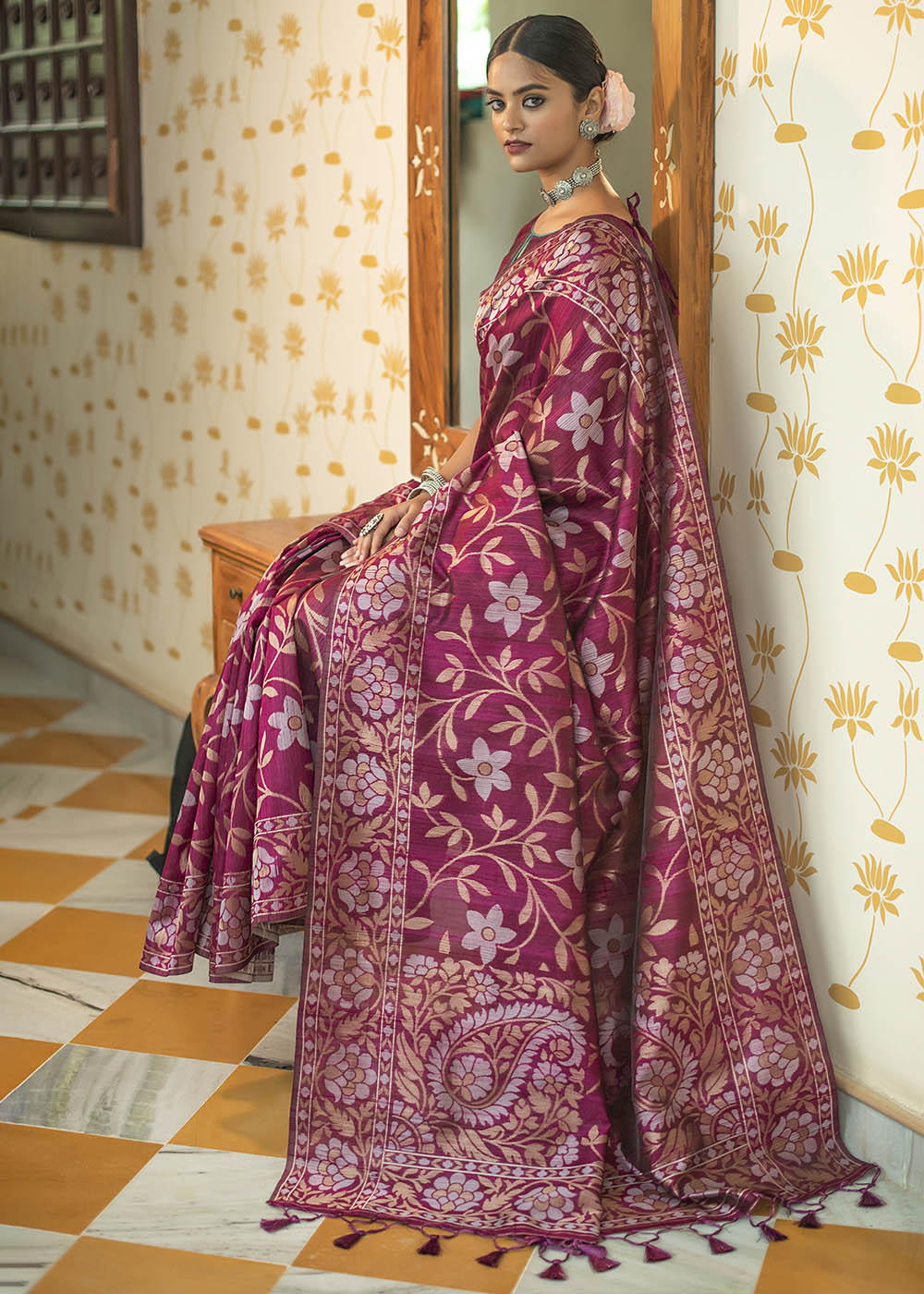 Lollipop Purple Zari Woven Floral Tussar Silk Saree