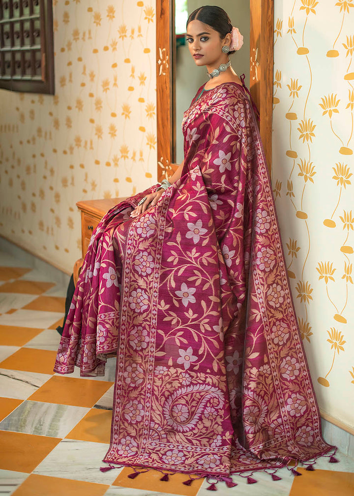 Lollipop Purple Zari Woven Floral Tussar Silk Saree