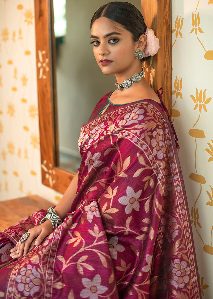 Lollipop Purple Zari Woven Floral Tussar Silk Saree