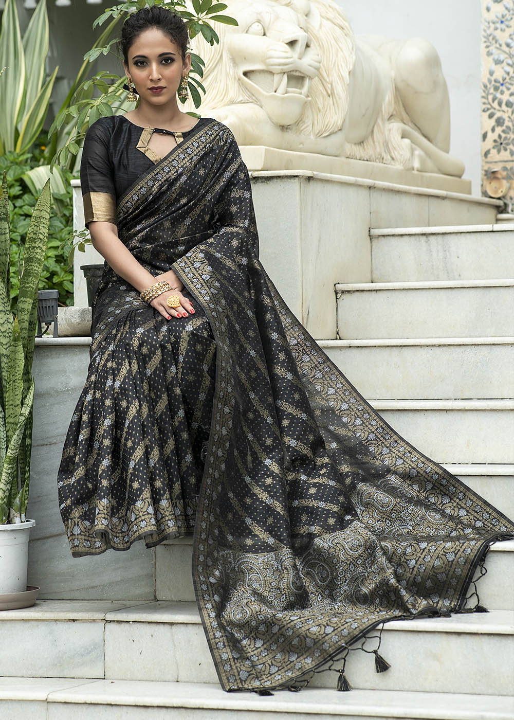 Soot Black Zari Woven Tussar Silk Saree with Tassels on Pallu