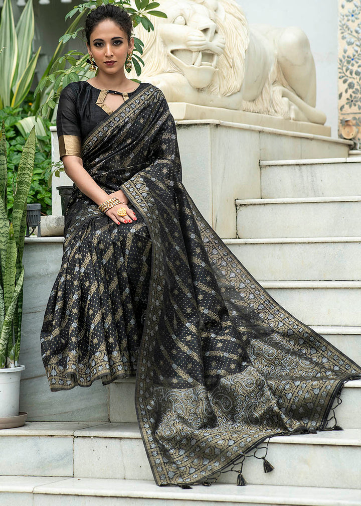 Soot Black Zari Woven Tussar Silk Saree with Tassels on Pallu