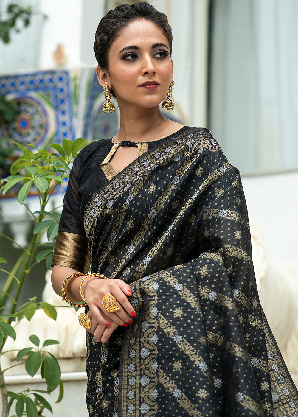 Soot Black Zari Woven Tussar Silk Saree with Tassels on Pallu