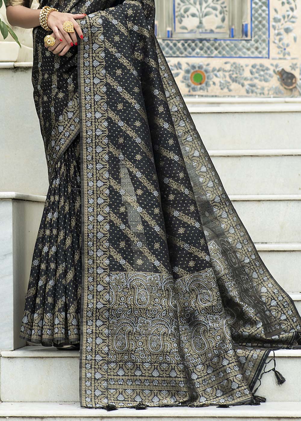 Soot Black Zari Woven Tussar Silk Saree with Tassels on Pallu