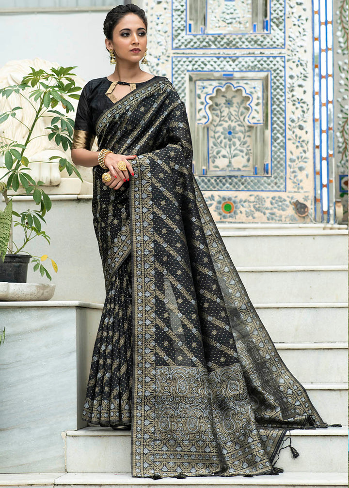 Soot Black Zari Woven Tussar Silk Saree with Tassels on Pallu