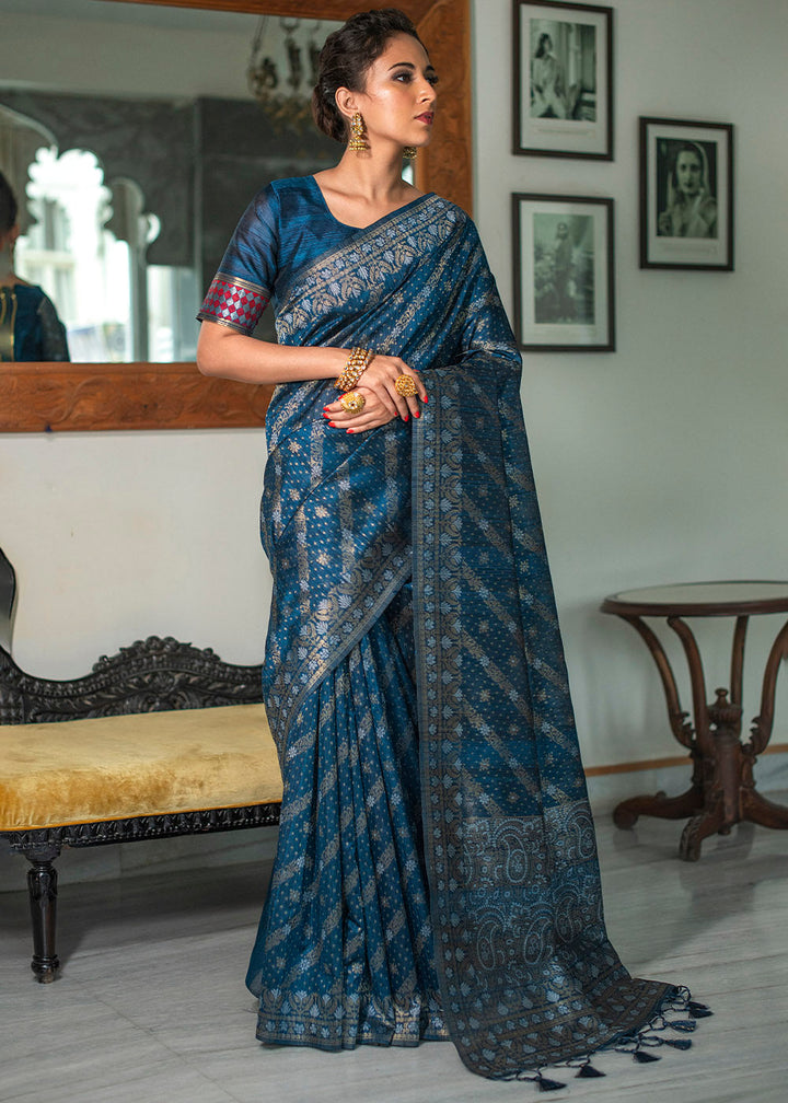 Prussian Blue Zari Woven Tussar Silk Saree with Tassels on Pallu