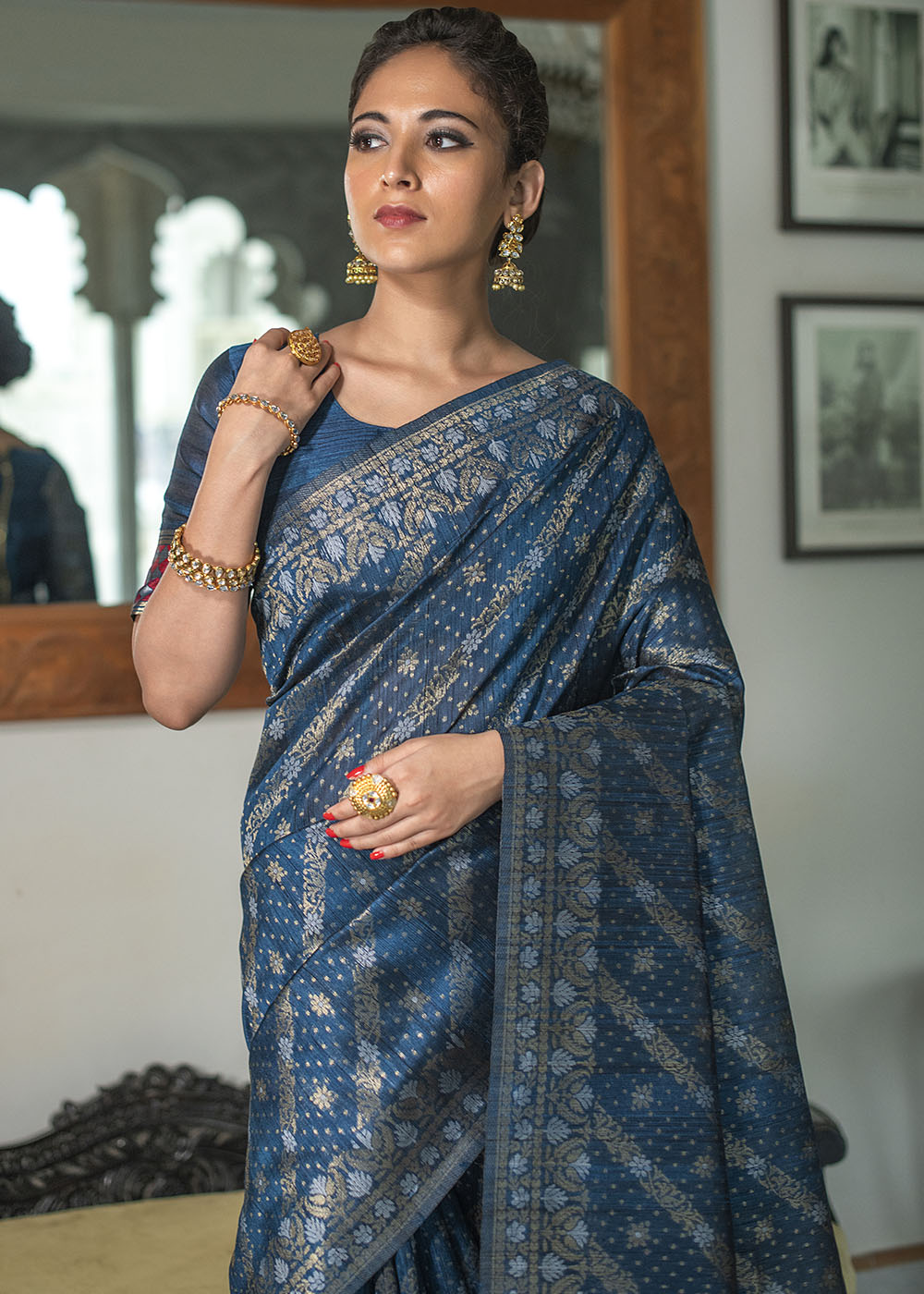 Prussian Blue Zari Woven Tussar Silk Saree with Tassels on Pallu