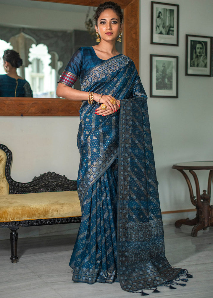 Prussian Blue Zari Woven Tussar Silk Saree with Tassels on Pallu