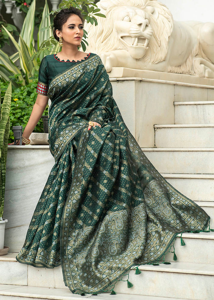 Sacramento Green Zari Woven Tussar Silk Saree with Tassels on Pallu