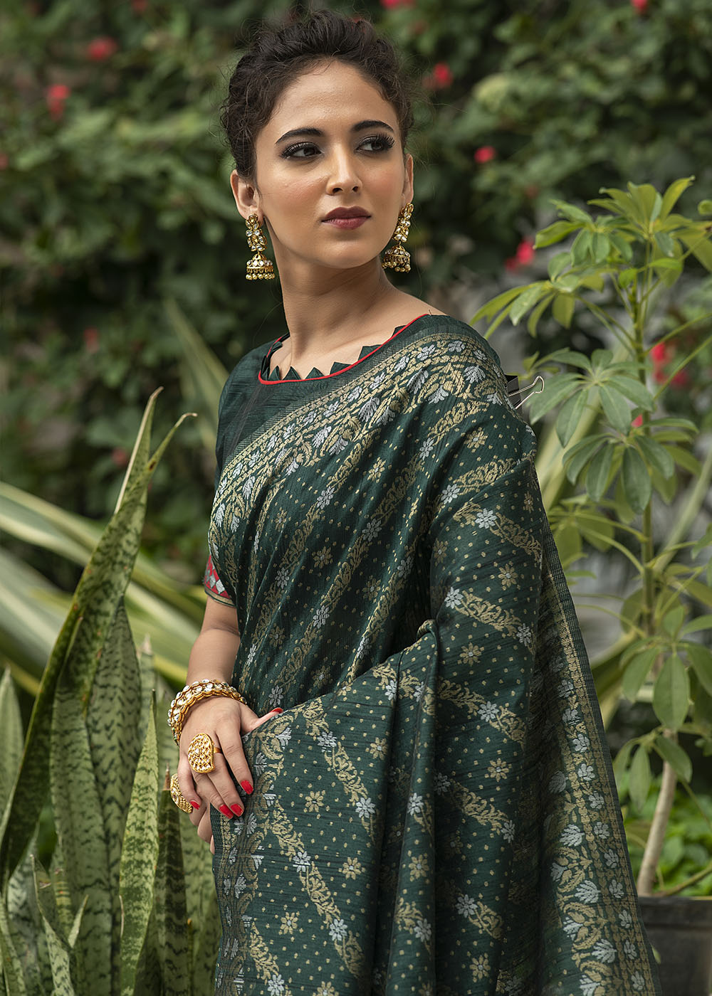 Sacramento Green Zari Woven Tussar Silk Saree with Tassels on Pallu