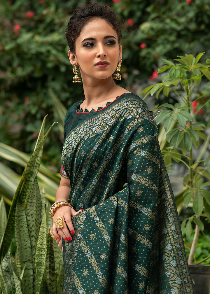 Sacramento Green Zari Woven Tussar Silk Saree with Tassels on Pallu