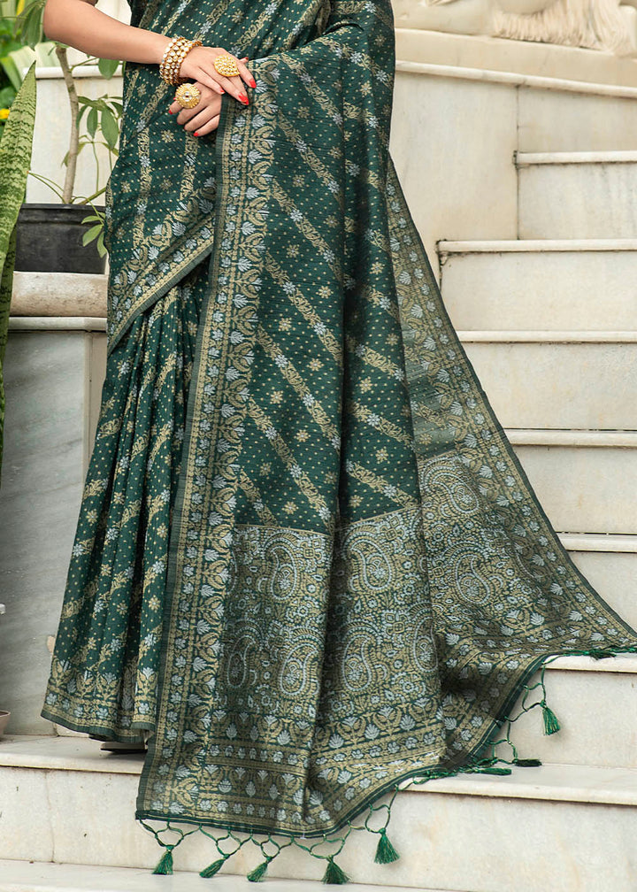 Sacramento Green Zari Woven Tussar Silk Saree with Tassels on Pallu