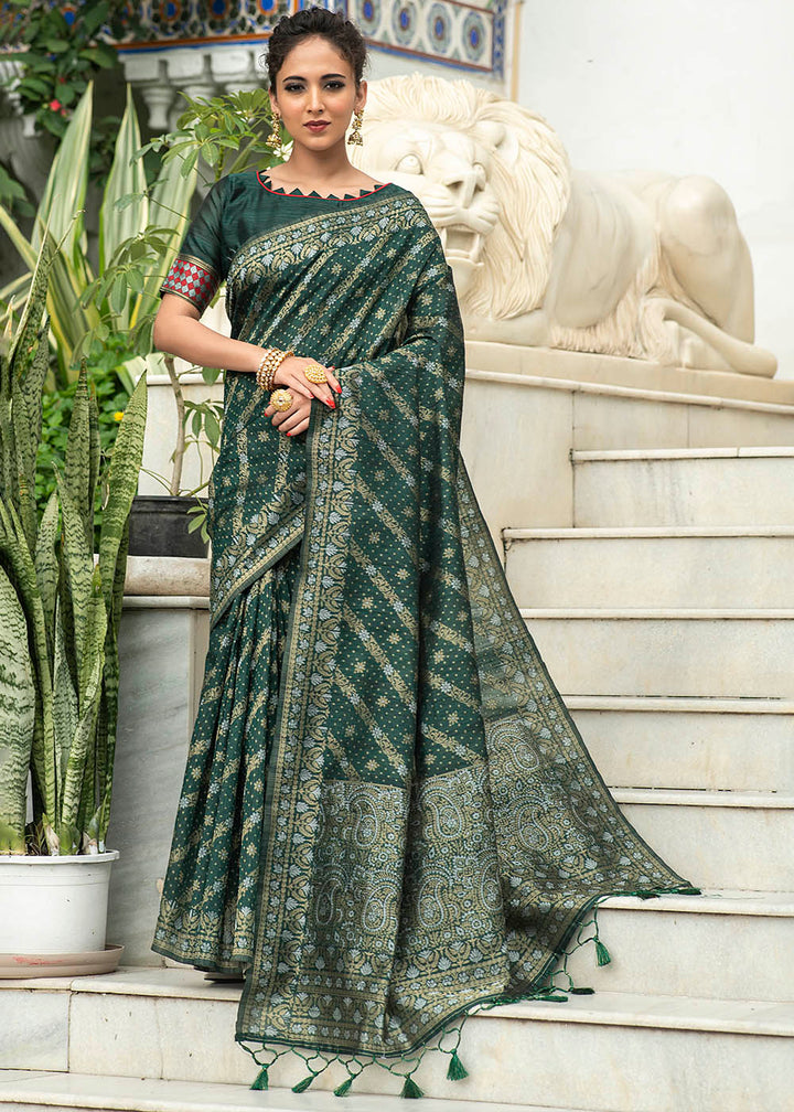 Sacramento Green Zari Woven Tussar Silk Saree with Tassels on Pallu