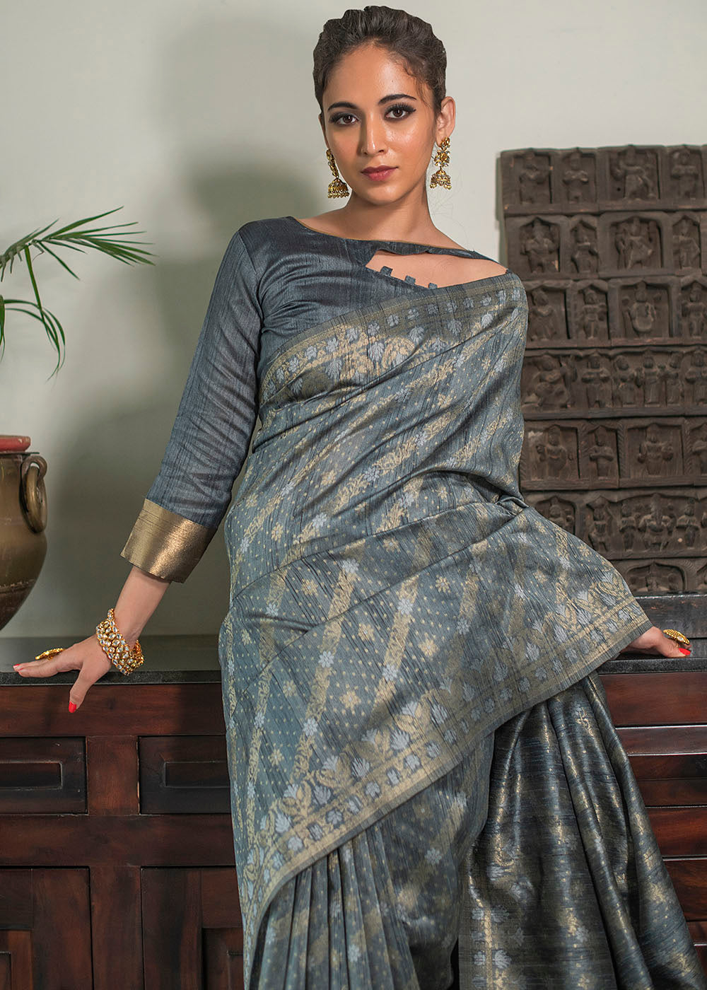 Anchor Grey Zari Woven Tussar Silk Saree with Tassels on Pallu