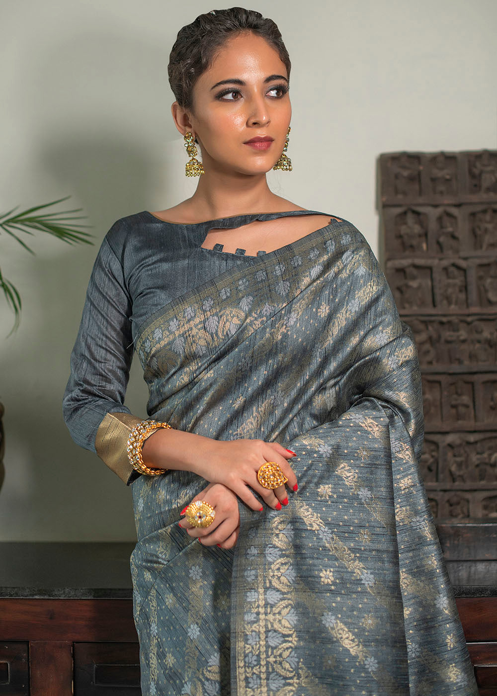 Anchor Grey Zari Woven Tussar Silk Saree with Tassels on Pallu