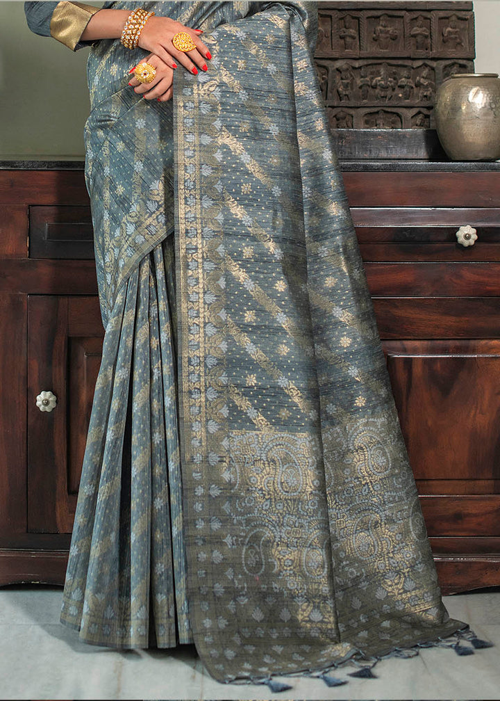 Anchor Grey Zari Woven Tussar Silk Saree with Tassels on Pallu