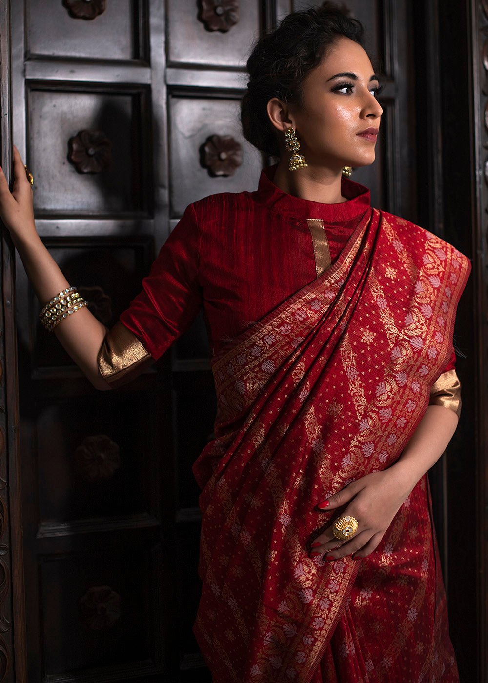 Chilli Red Zari Woven Tussar Silk Saree with Tassels on Pallu