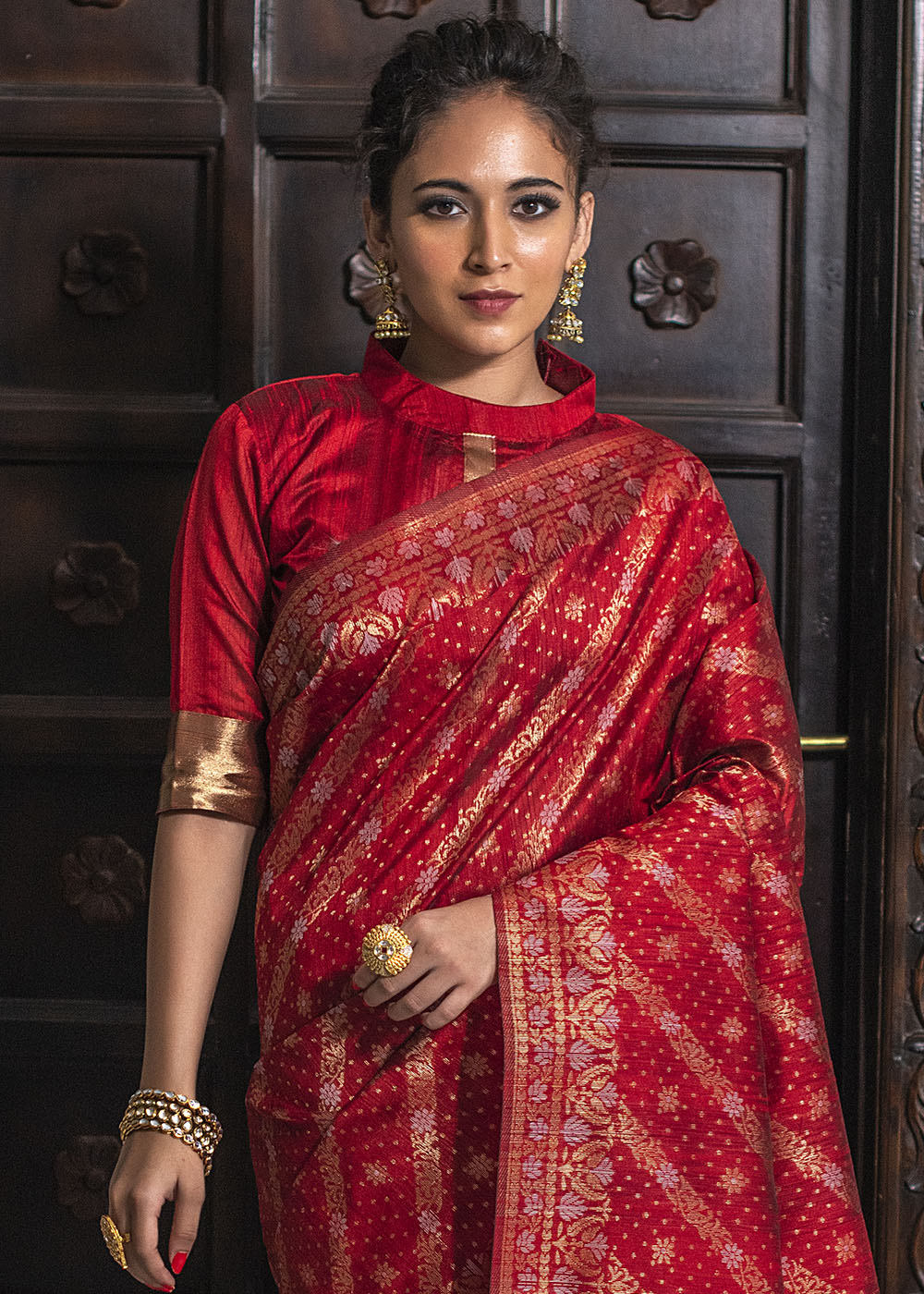 Chilli Red Zari Woven Tussar Silk Saree with Tassels on Pallu