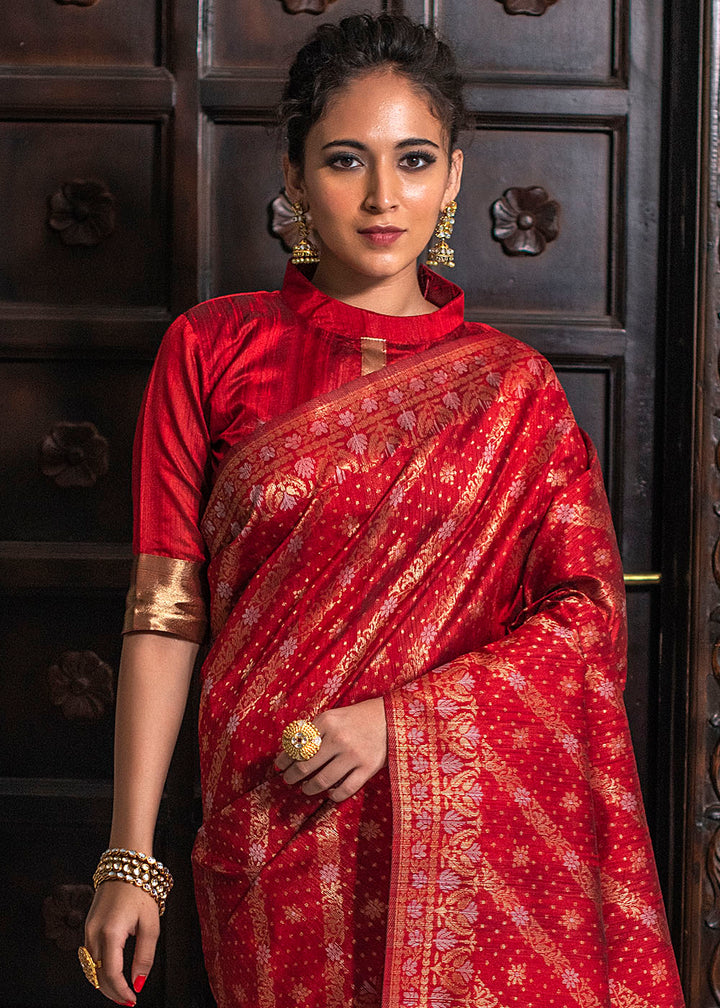 Chilli Red Zari Woven Tussar Silk Saree with Tassels on Pallu