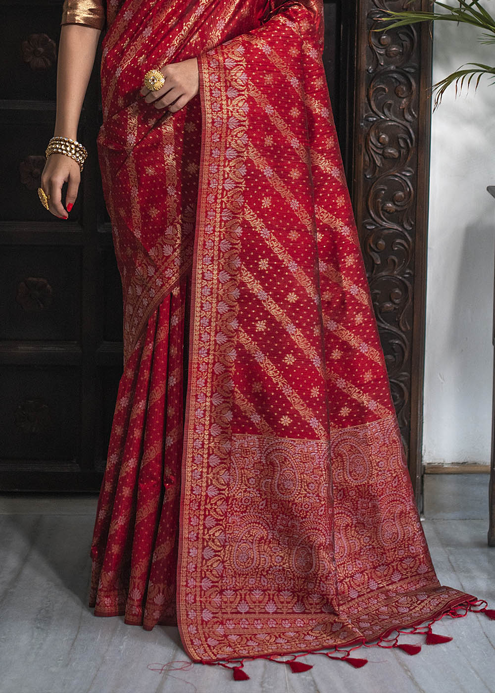 Chilli Red Zari Woven Tussar Silk Saree with Tassels on Pallu