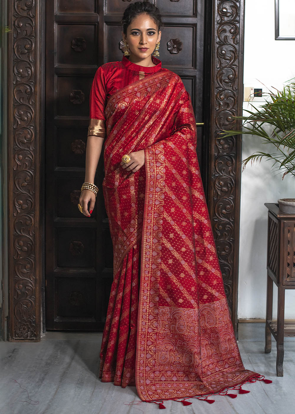 Chilli Red Zari Woven Tussar Silk Saree with Tassels on Pallu